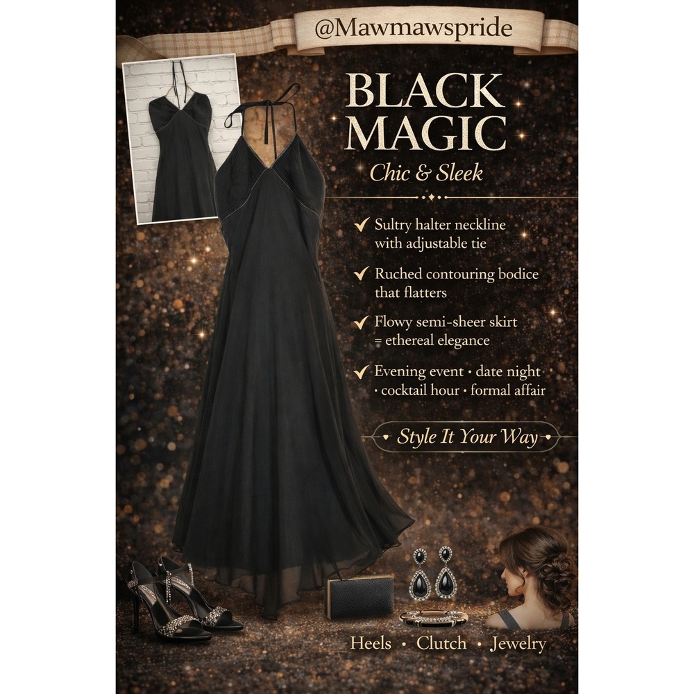 CHIC & SLEEK SULTRY Black Halter Maxi Dress Ruched Formal Evening Gown Size 8